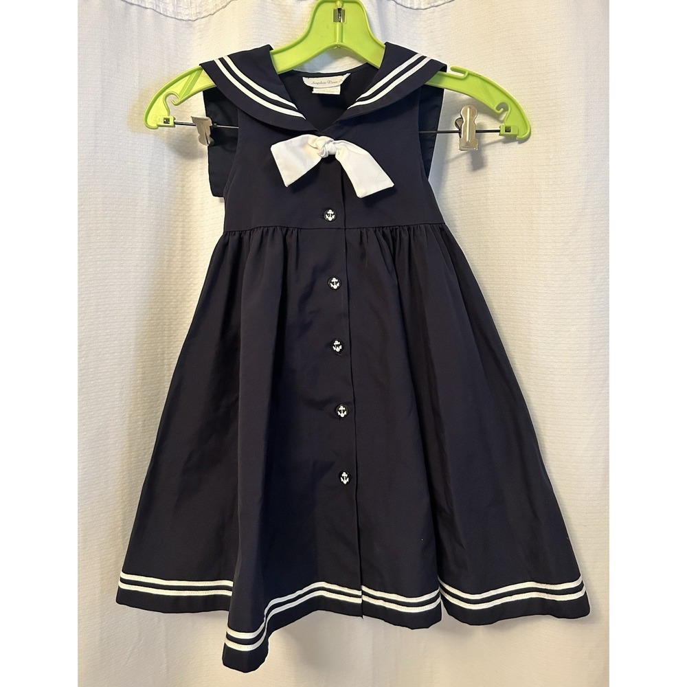 Sailor Dress Girls Size 6 Nautical Navy VTG Blue White Bow